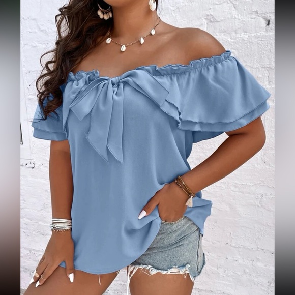 Luxe plus black size off shoulder tie front frill trim blouse - Picture 14 of 15